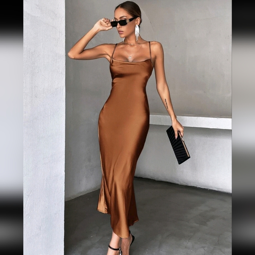 SHEIN Bronze Satin Midi Dress